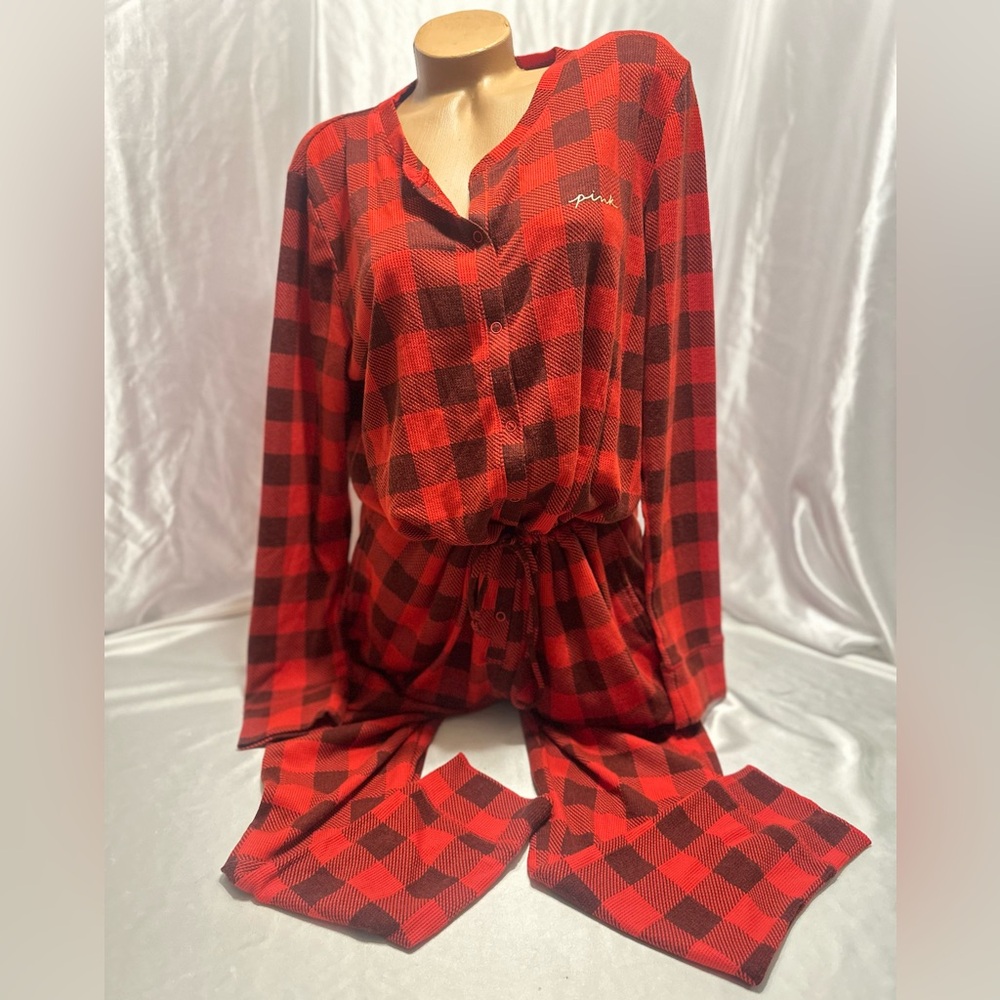 Victorias Secret PINK plaid Pajama onesie red adjustable waist long sleeve